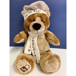 Cocoa Bear Plush Teddy 12" Sitting Milk Chocolate Embroidered Scarf and Hat Toy